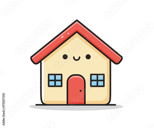 Cute cartoon house illustration with a smiling face, red roof, and windows.