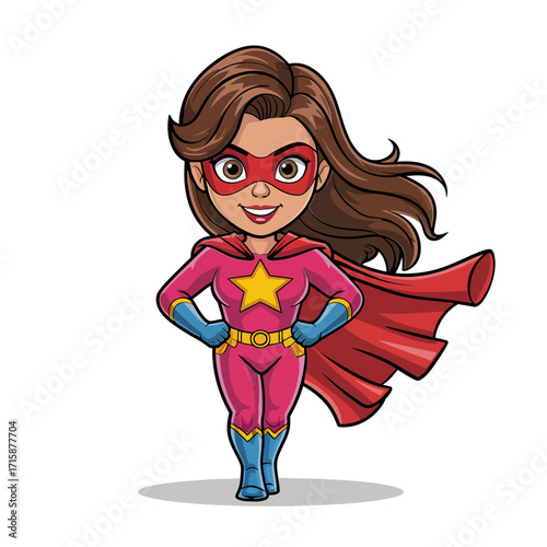 Flying superhero girl, wind swept hair, pink suit, red cape, star badge, dynamic action pose, vector cartoon illustration