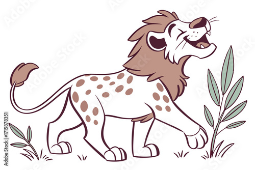 Cheerful Lion with Spots Walking, Cartoon Style, Fauna, Mammal, White Background