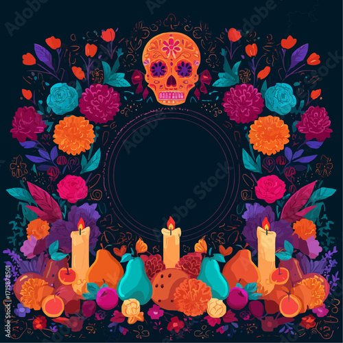 Festive folk illustration with sugar skull, marigolds and candles in bold flat palette, vibrant vector for holiday posters, cards and souvenirs