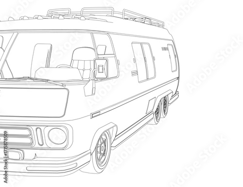 Contour sketch of a van with wheels and house-like details on a white background. Vector illustration