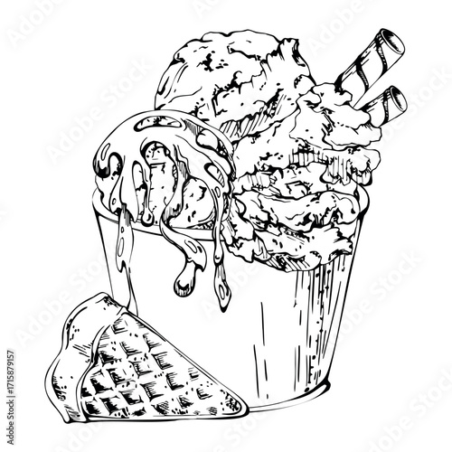 Crisp wafer rolls on gelato scoop in paper cup, waffle slice, dripping syrup sprinkle. Vector graphic illustration hand drawn in pen and ink. Frozen menu insert, eco snack label, summer cafe flyer