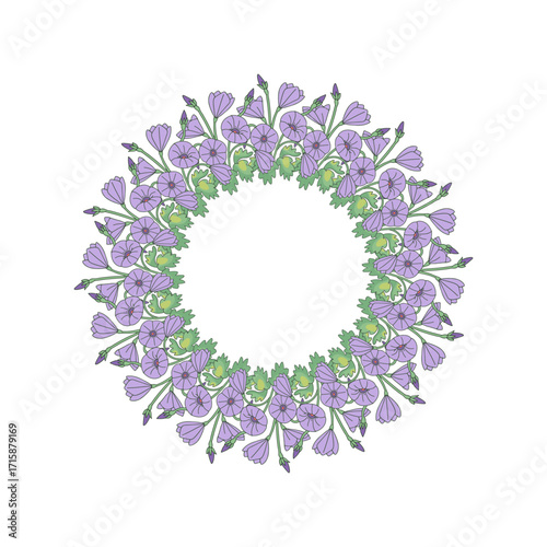 Hand drawn line art canary islands flowers mallow bindweed wreath. Card template with cute floral frame