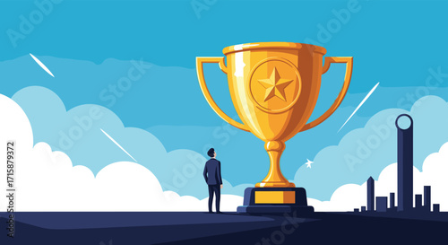 A businessman looks at a giant trophy symbolizing achievement and success.