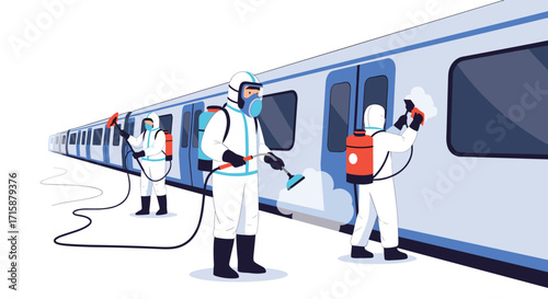 Public transportation workers in protective suits disinfect a train on a platform.