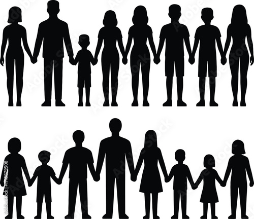Diverse group silhouettes holding hands united in family friendship togetherness symbolism 
