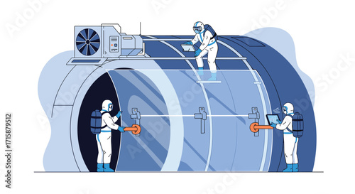 Scientists in protective suits inspect a futuristic biohazard containment facility with advanced air filtration systems.