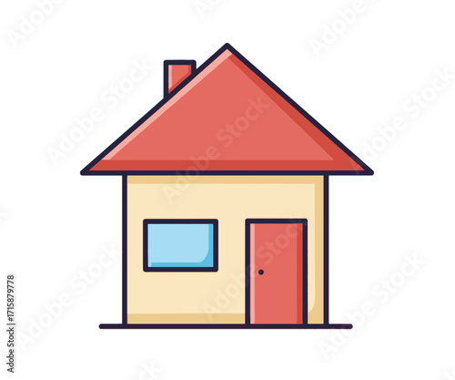 Simple illustration of a small house with red roof and door.