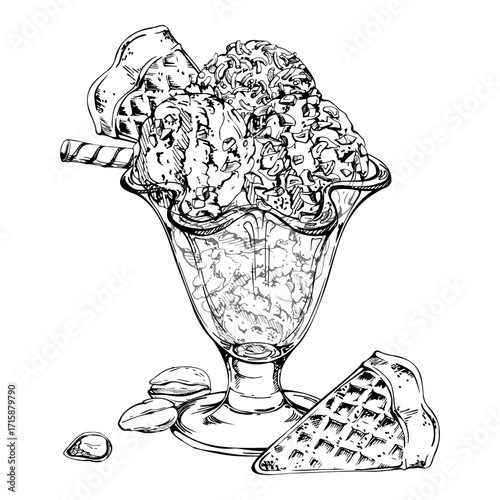 Gelato sundae with crispy rolled biscuit sticks, waffles, sprinkled crushed pistachio nuts topping in glass bowl. graphic illustration hand drawn in vector ink. Artisan dessert branding, cafe menu
