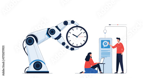 Automated robotic arm displaying a clock to measure project efficiency and productivity.