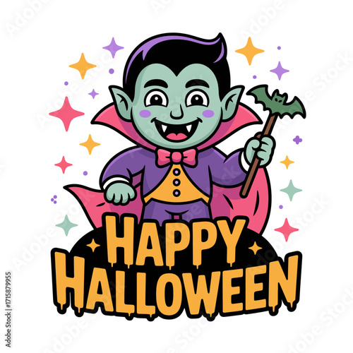 Friendly vampire boy, sparkling stars background, happy halloween lettering, cute dracula costume character, party sticker, cartoon vector