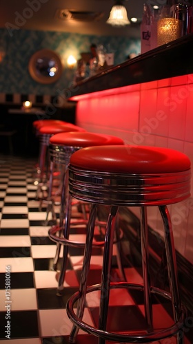 Retro diner mood lighting, red vinyl stools, classic black and white floor tiles