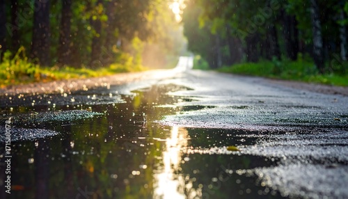 Sunlit road after rain
