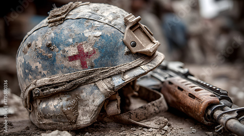 old military helmet and rifle