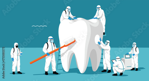 Healthcare workers in hazmat suits meticulously clean a giant tooth with a large toothbrush representing dental hygiene and public health.