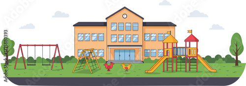 Children playing on school playground equipment in front of building