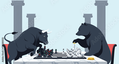 A bull and bear facing off in a strategic chess game representing financial market dynamics.