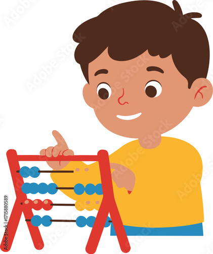 Boy Learning Math With Colorful Abacus Education Fun