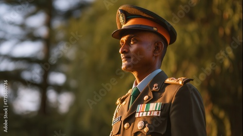 Proud indian male adult military officer in dress uniform with medals standing outdoors in golden sunlight for patriotic service honor ceremony