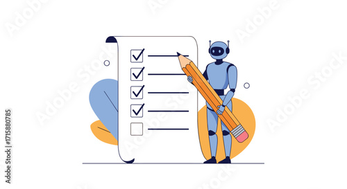Automated task completion with a robot using a giant pencil and checklist.