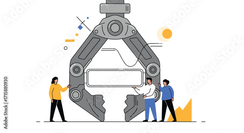 Small team collaborates to manage and operate a large industrial robotic claw for project success.