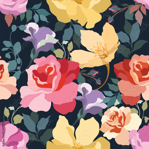 Romantic floral artwork with blooming roses in warm tones set against a deep navy backdrop ideal for seasonal campaigns, nature inspired branding, or visual storytelling