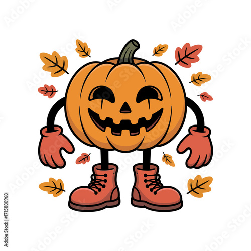Walking pumpkin character, jack o lantern with boots, autumn leaves falling, cheerful halloween mascot, seasonal sticker vector