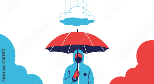 A person in a blue hooded jacket stands under a red umbrella as rain falls from a white cloud overhead.