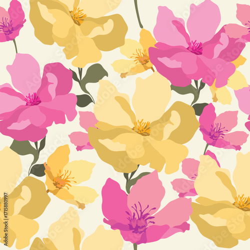 Vibrant floral artwork with bold pink, yellow, and peach blooms over leafy accents ideal for seasonal campaigns, nature branding, or decorative digital content