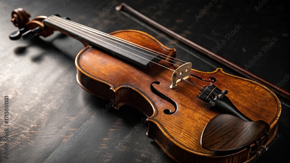 Fototapeta premium Antique Violin and Bow on Dark Background