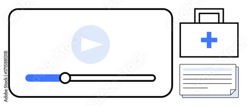 Play button and progress bar on a screen, medical kit, and documents. Ideal for education, telemedicine, tutorials, e-learning, healthcare access telehealth medical training. Simple flat metaphor