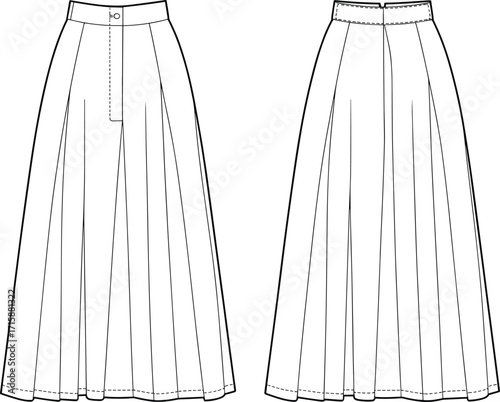 Long pleated skirt front and back view, elegant women clothing design, fashion flat sketch, apparel template, cad drawing flat vector illustration