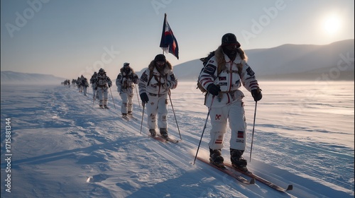 Determined adult military soldiers cross country skiing in formation across snowy arctic landscape during winter expedition training mission