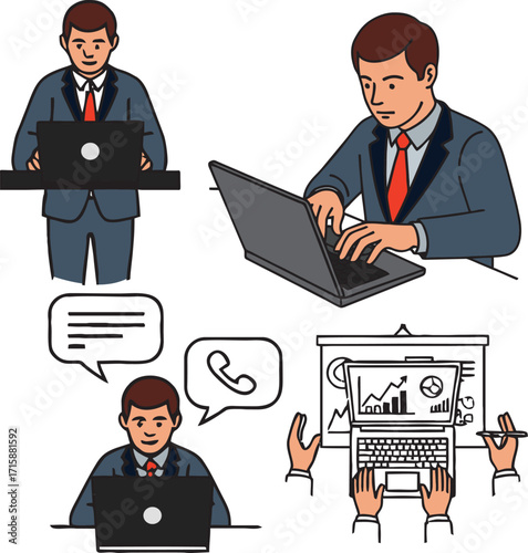 illustrations showing various stages of a business trip