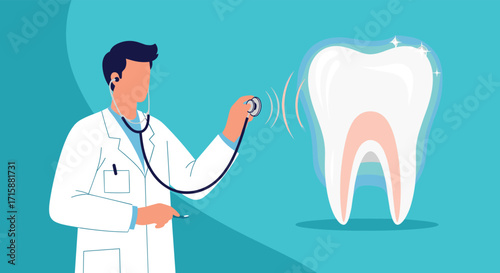 A dentist examines a large healthy tooth with a stethoscope to check its wellbeing.