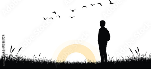 Lone Figure Watching Birds at Sunrise Silhouette