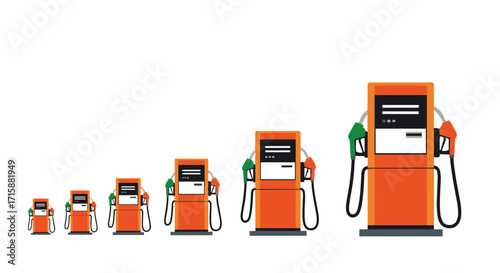 A series of modern orange fuel pumps of varying sizes on a white background.