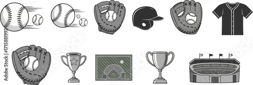 Dynamic baseball icons capture the thrill of the game including balls, gloves, trophies, and stadium for ultimate sports graphics