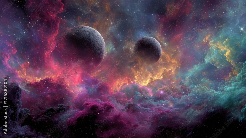 Obraz premium Stunning Cosmic Scene with Colorful Nebula, Two Planets, and Celestial Clouds Illuminating the Universe in Vibrant Hues of Pink, Blue, and Purple