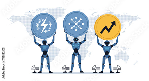 Robots holding crypto coins and charts with a world map background.