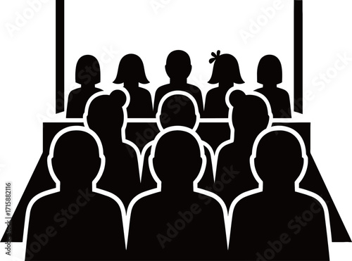 two-dimensional icon showing a group of people sitting and facing forward, as if they are an audience