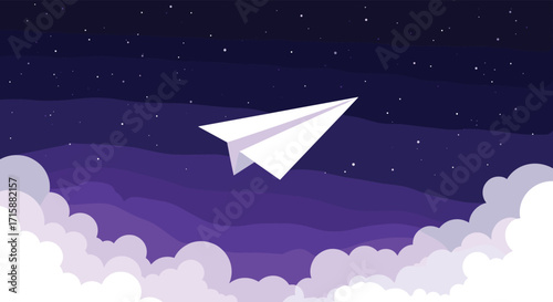 A lone paper airplane soars through a starry sky above a cloudy expanse.