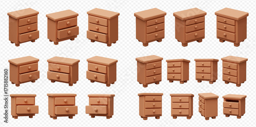 Collection of wooden nightstands with drawers in various angles and configurations, some with open drawers, on a transparent background.