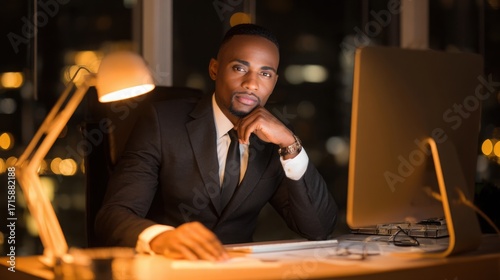 african. A focused African businessperson working late in a modern office illuminated by a desk lamp. pitch deck slides, case study pages, designed for brand storytelling and e-commerce strategy.