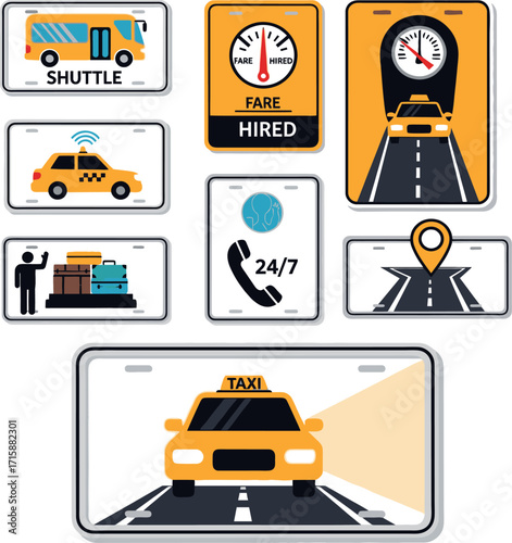  collection of eight colorful illustrations, each resembling a license plate, showcasing various aspects of taxi and shuttle services. 