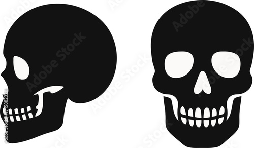 Striking black skull profiles and front view on white, perfect for edgy designs, Halloween themes, or symbolic representations of mortality.