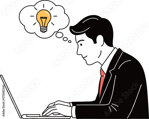 man in a suit, sitting and working on a laptop. A thought bubble above his head contains a lit lightbulb, symbolizing a new idea or a moment of inspiration