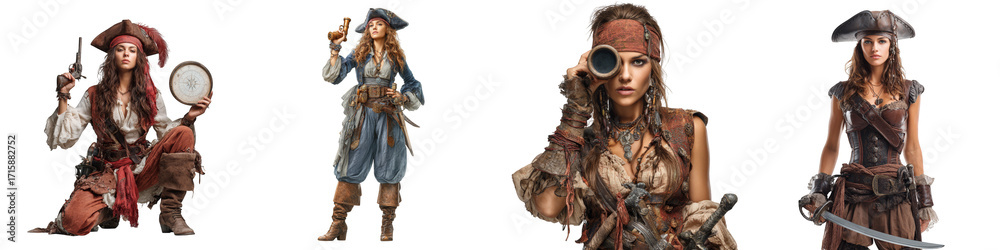 Obraz premium pirate women in historical costumes posing with swords and accessories on transparent background