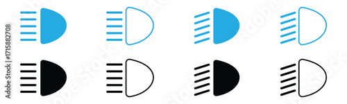 Vector Icon Set of Car Headlight and Dashboard Light Symbols – High Beam, Fog Light, Low Beam Indicators 