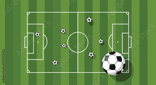 Illustrative soccer field with strategically placed balls for training drills.